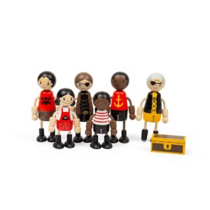 Bigjigs Pirate Dolls - 6 Wooden Pirates Doll Set with Mini Treasure Chest